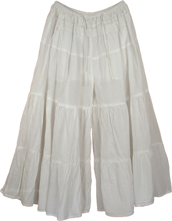 Bohemian White Gaucho Pant Skirts, Groovy Gaucho Split White Skirt