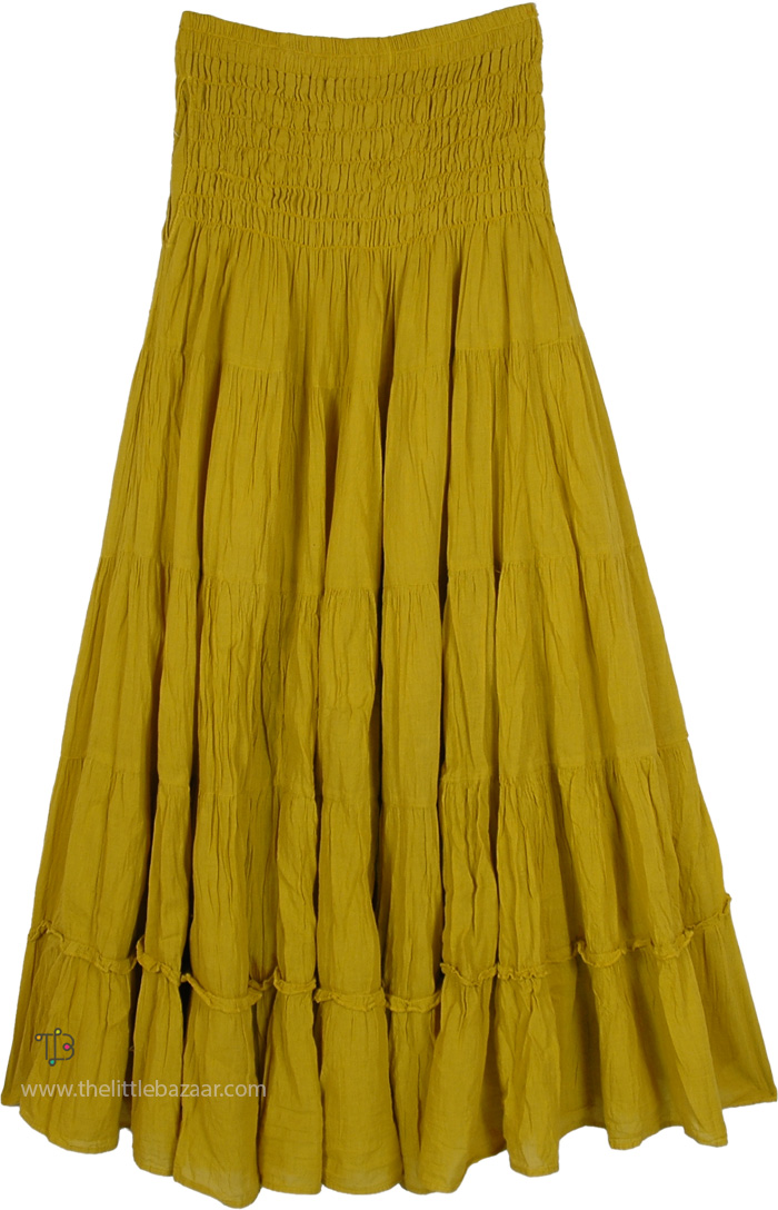 Marigold Tiered Cotton Long Skirt, Mustard Fields Freedom Tiers Long Full Skirt