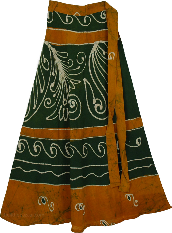 Green Brown Batik Wrap Long Skirt, Peru Green Earth Batik Wrap Skirt