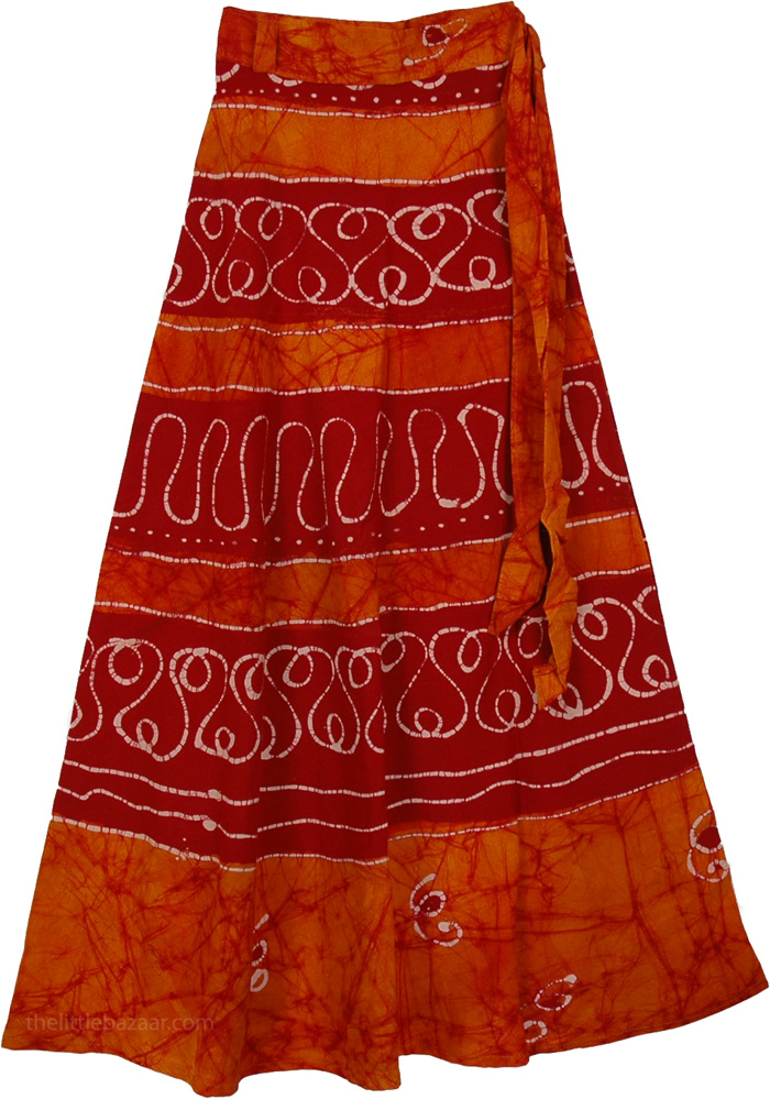 Batik Wrap Long Skirt Burgundy Tangerine