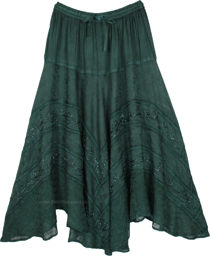 Long Feminine Skirt with Floral Glitter, Bottle Green Long Maxi Skirt with Glitter Embroidery