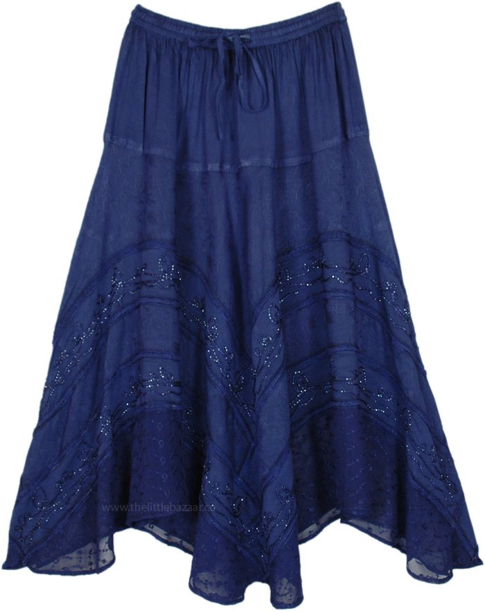 Long Blue Feminine Skirt with Floral Glitter, Dark Blue Renaissance Long Skirt with Glitter Embroidery