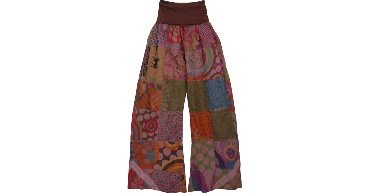 Yajna Lounge Patchwork Pants | Brown | patchwork,Split-Skirts-Pants