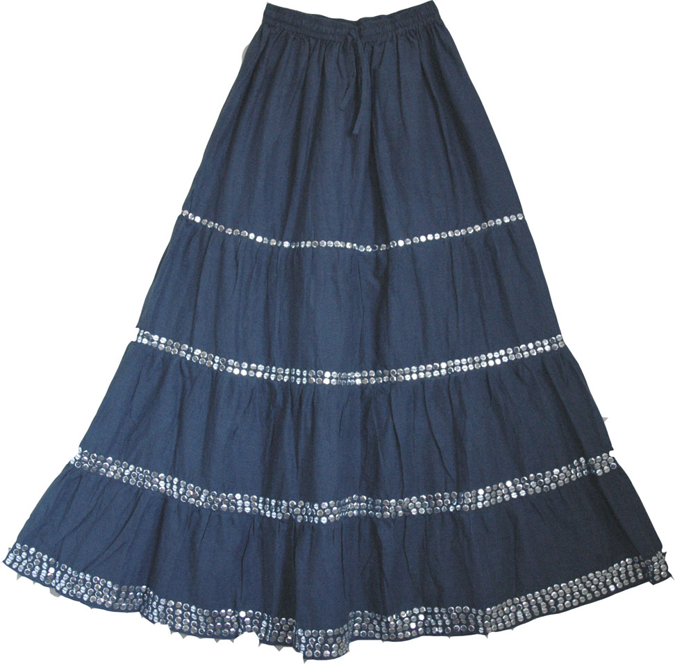 Navy Blue Sequined Long Skirt