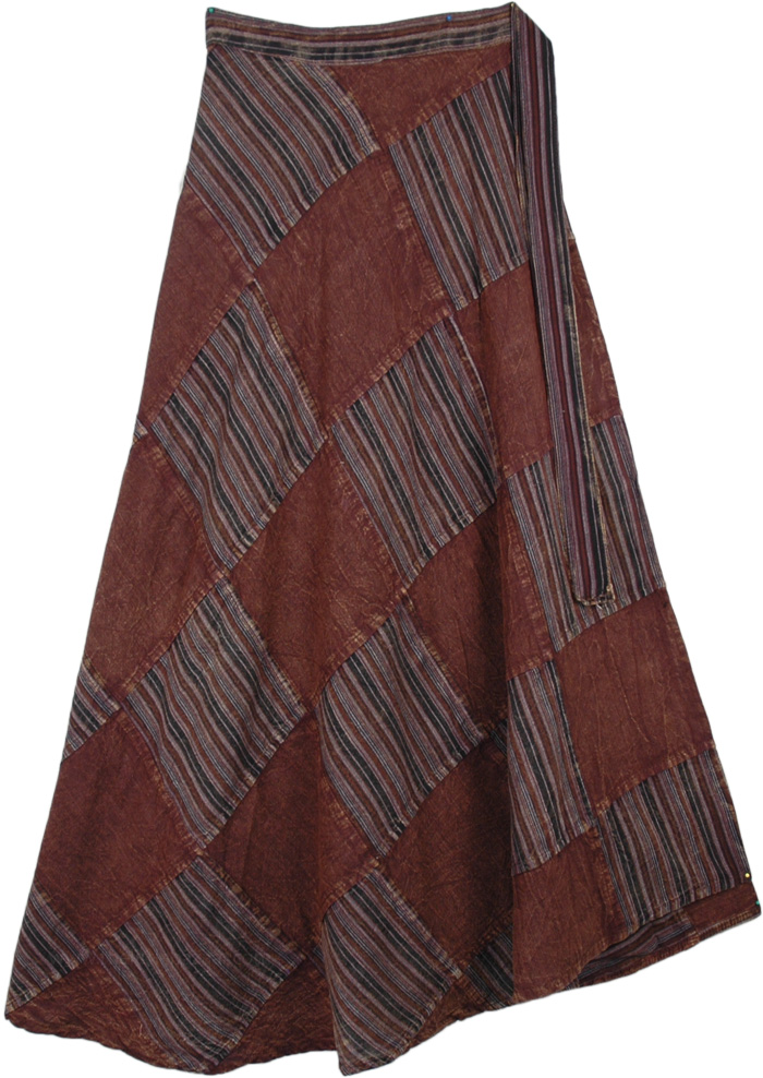 Patchwork Brown Wrap Around Skirt, Buccaneer Chocolate Wrap Around Long Skirt