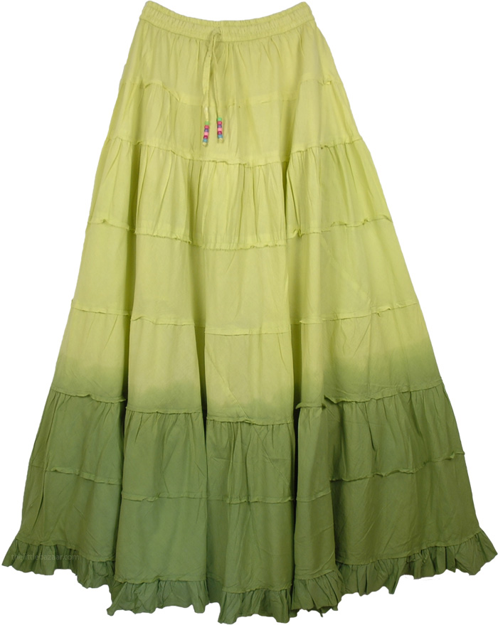 Green Tiered Long Cotton Skirt, Military Ombre Green Tiered Cotton Long Skirt