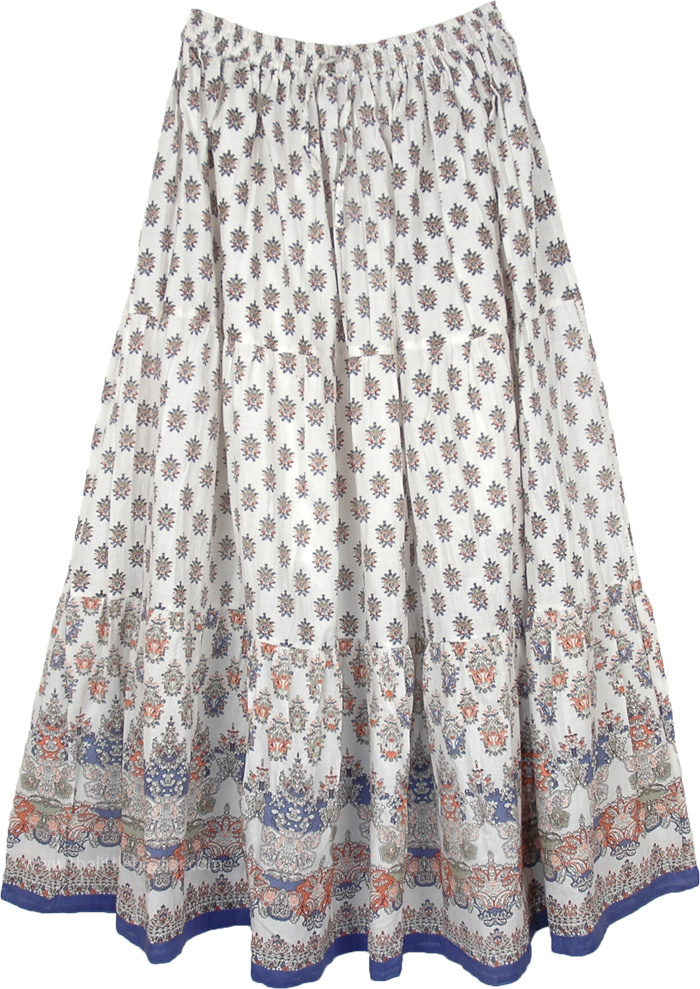 Eastern Art Floral Long White Skirt with Blue Hem Border