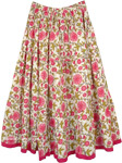 Pink Dahlia Floral White Cotton Skirt For Summers