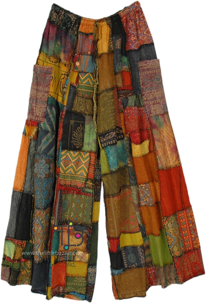 Saffron Streak Patchwork Wide Leg Bohemian Pants