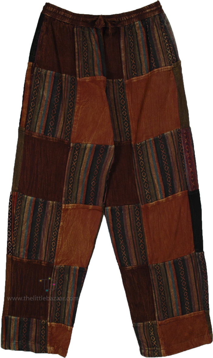 Boho Tribal Pants Brown with Patchwork, Warm Earth Patchwork Boho Pants