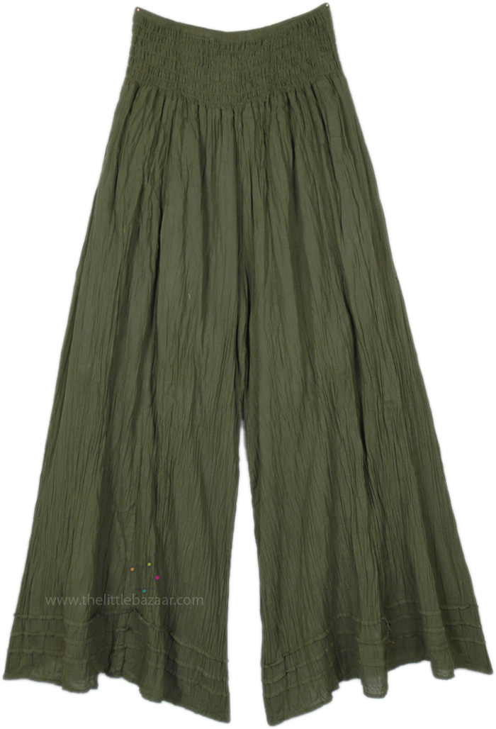 Dark Green Cotton Palazzo Pants with Pockets