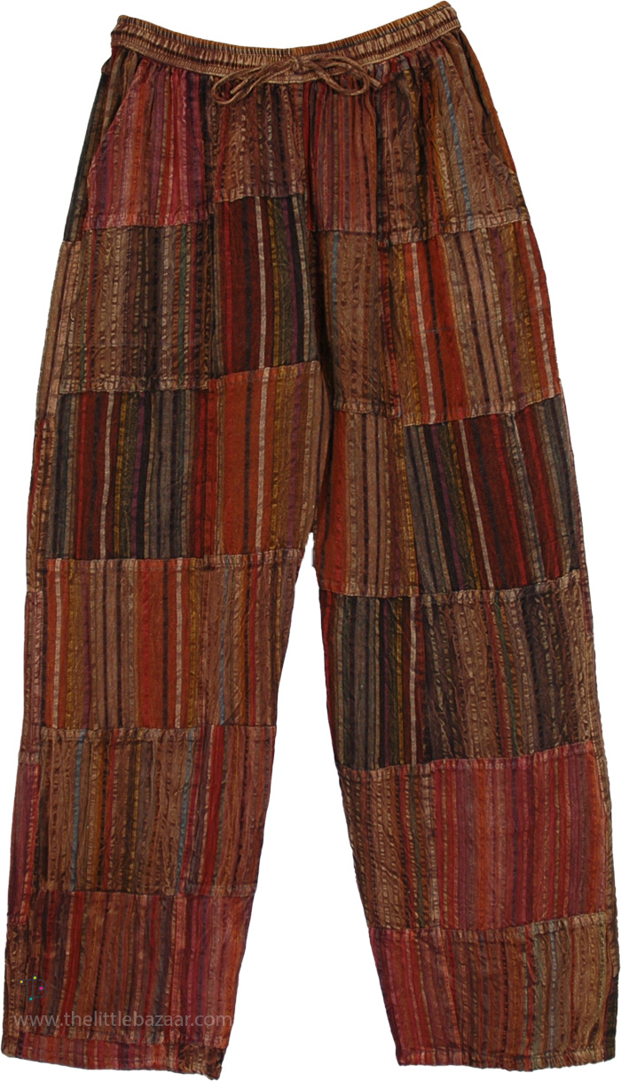 Unisex Boho Pants in Seersucker Cotton with Pockets, Wood Bark Patchwork Unisex Pants with Pockets
