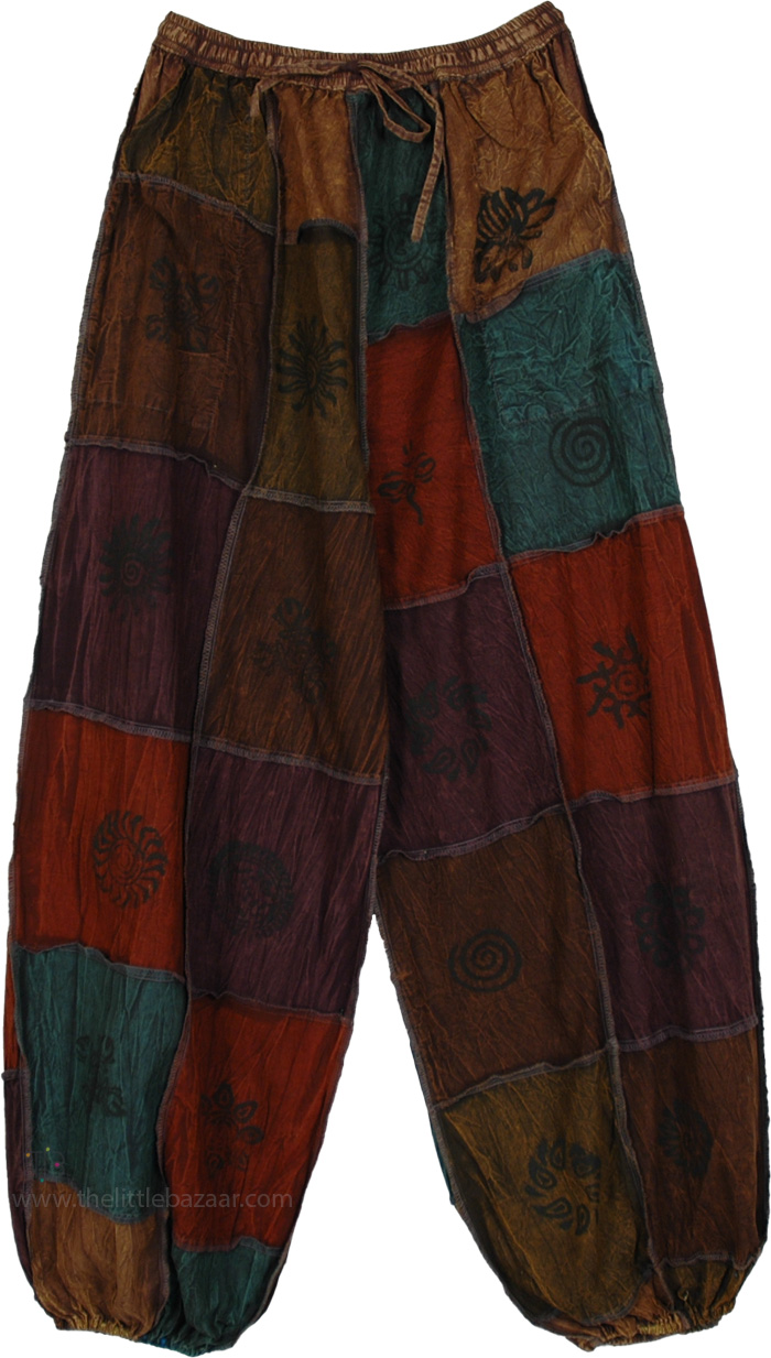 Loose Lounge Harem Trousers with Elastic Drawstring Waist , Baggy Relaxed Fit Mixed Patchwork Harem Pants