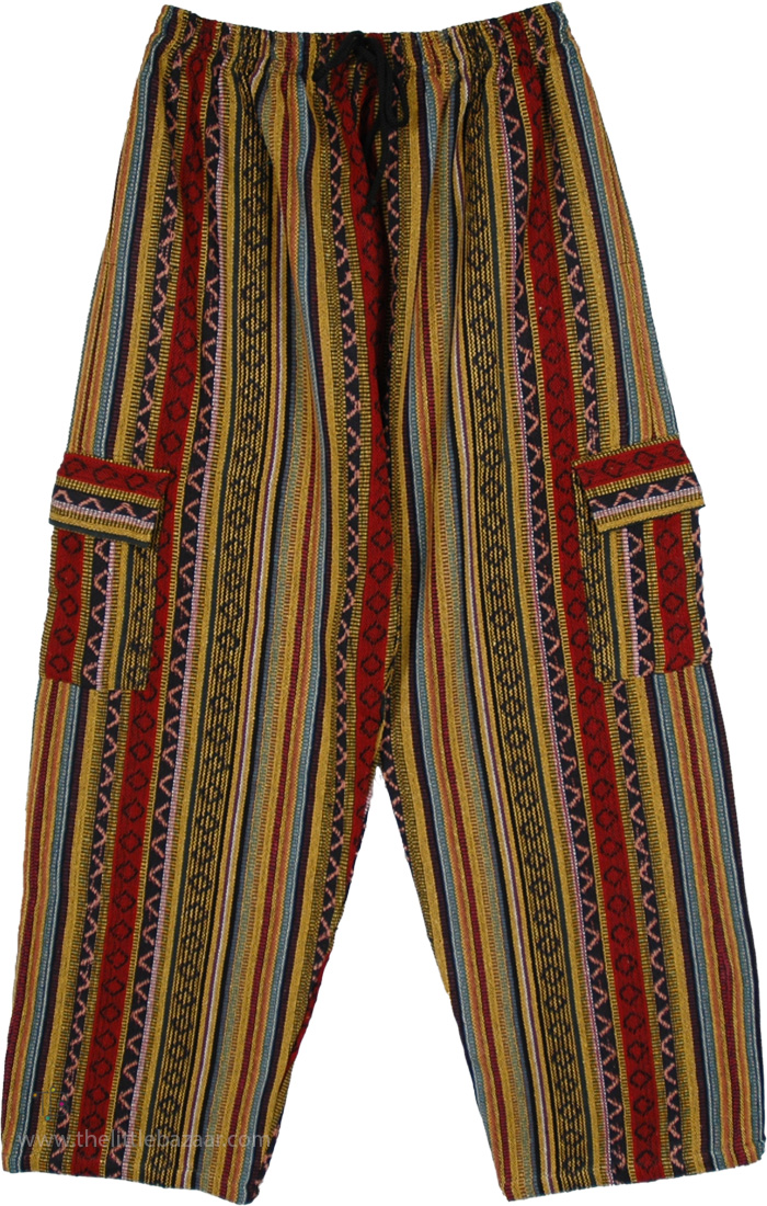 Unisex Woven Stripes Hippie Cargo Winter Pants