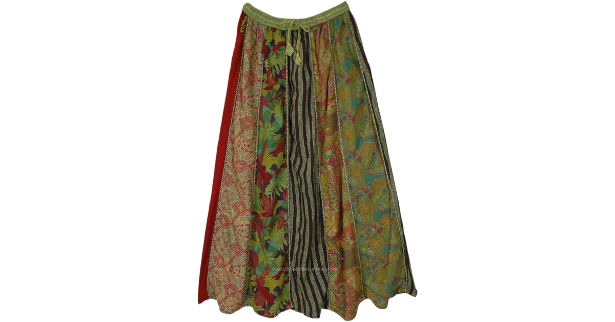 Green Bloom Long Panel Patchwork Long Skirt | Green