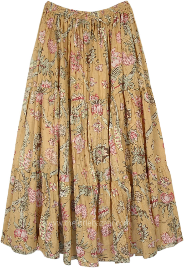 Crinkled Cotton Floral Printed Knee Length Skirt, Brown Garden Floral Cotton Maxi Skirt