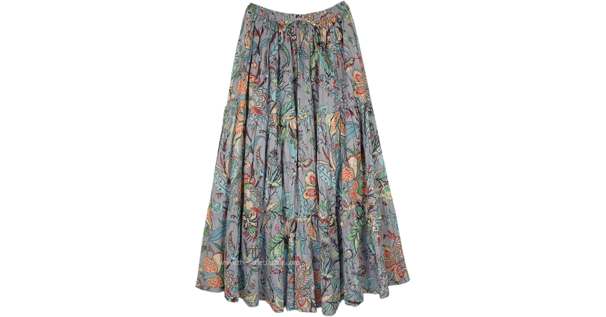 Grey - Sanganeri Block Printed Tiered Cotton Long Skirt