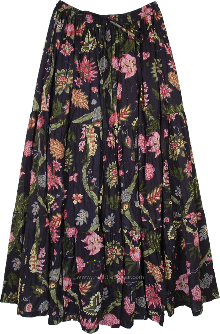 Navy Blue Blooms Long Cotton Panel Skirt