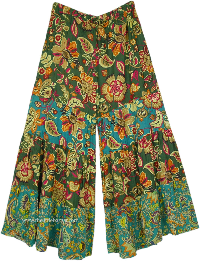 Green Burst Boho Wide-Leg Cotton Pants