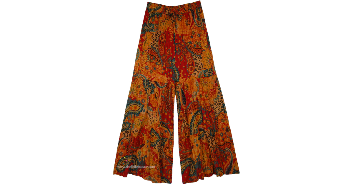 Sunset Paisley Tiered Boho Cotton Pants | Orange | Split