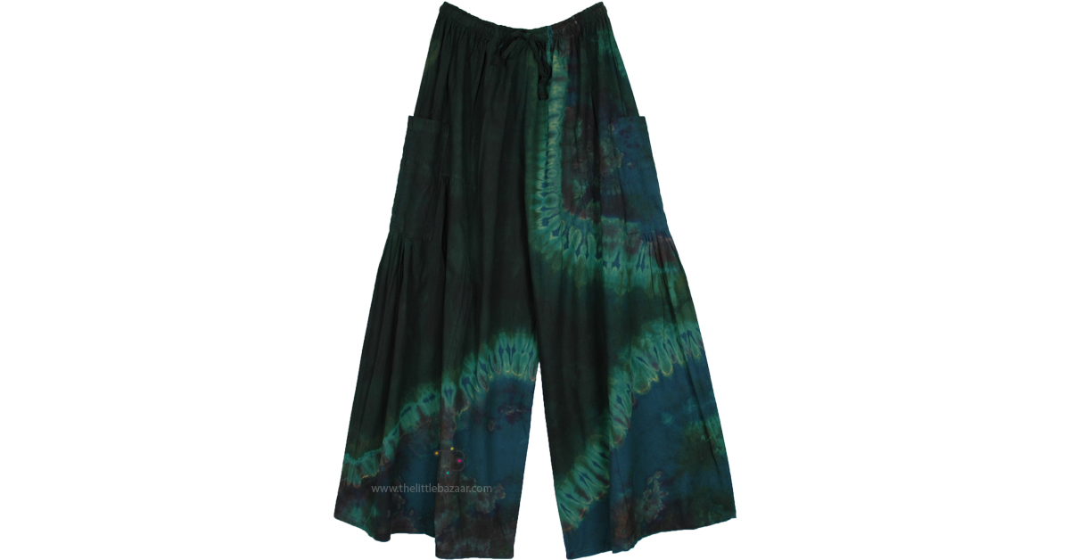 Forest Swirl TieDye Cotton Wide Pants Green SplitSkirtsPants