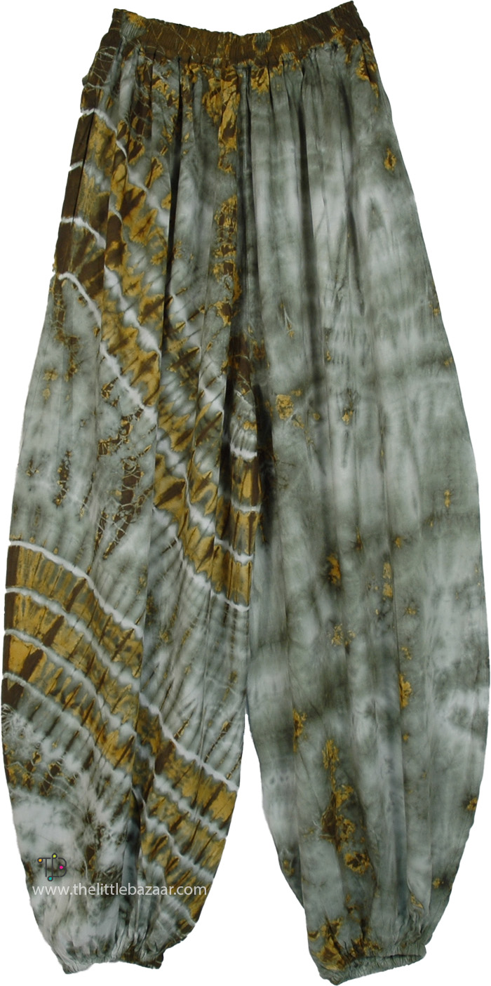 Mustard and Green Flowy Tie-Dye Elastic Hem Pants
