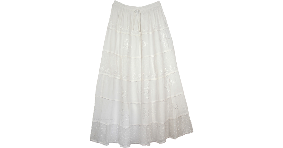White Decor Crepe Maxi Skirt | White | Embroidered, Misses, Maxi Skirt