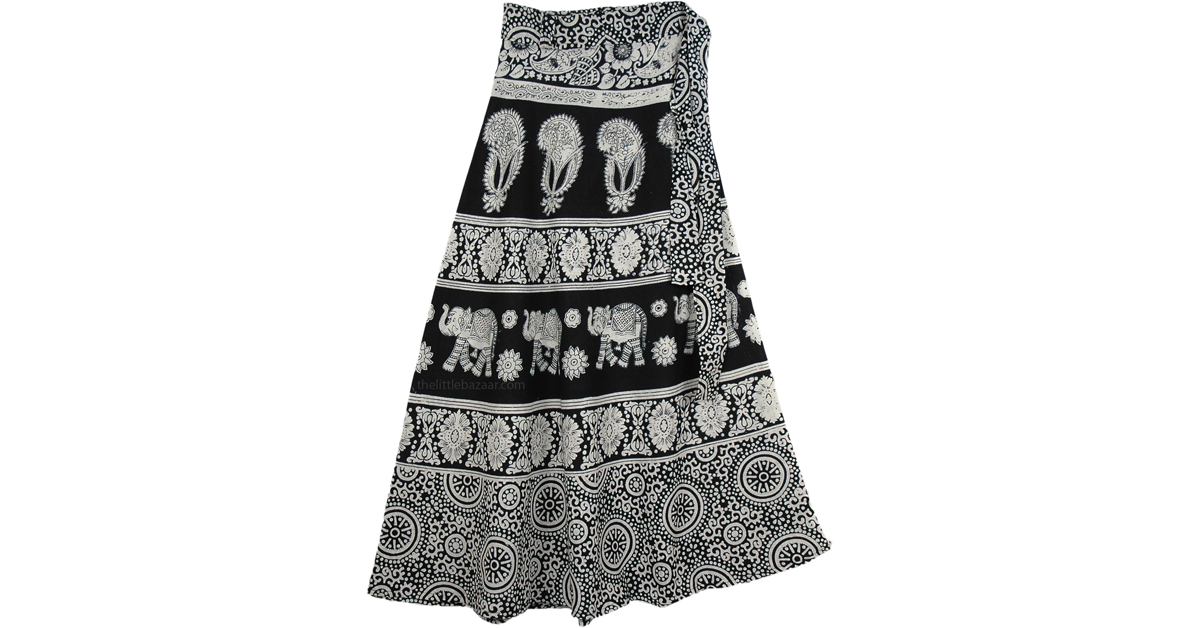 Summer Black White Elephant Wrap Skirt | Black | Wrap-Around-Skirt ...