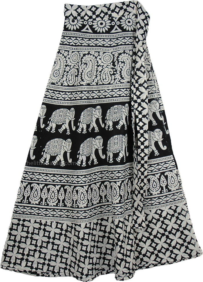 Ethnic Elephant Midi Skirt in Black White