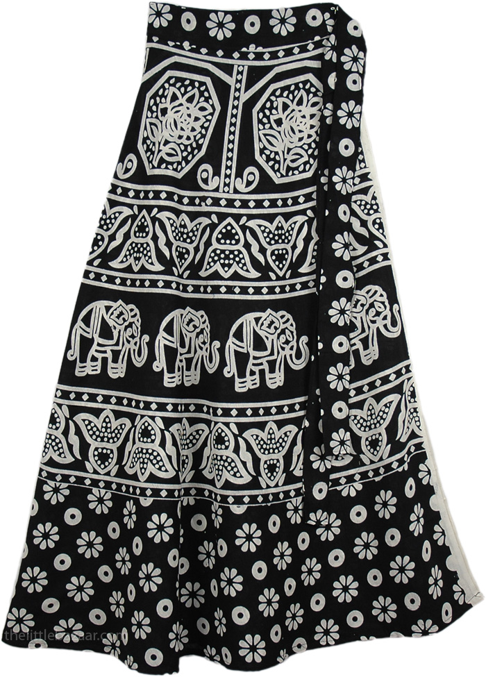 Black White Elephant Floral Cotton Wrap Skirt