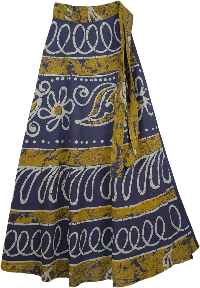 Ginger and Blue Ethnic Wrap Around Long Skirt, Hacienda Batik Printed Wrap Long Skirt