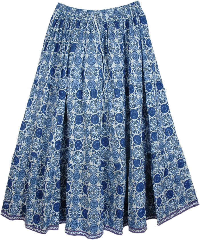 East Bay Blue Cotton Long Womens Skirt | Printed