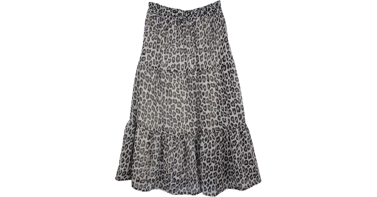Black White Leopard Print Chiffon Long Skirt | Grey | Printed