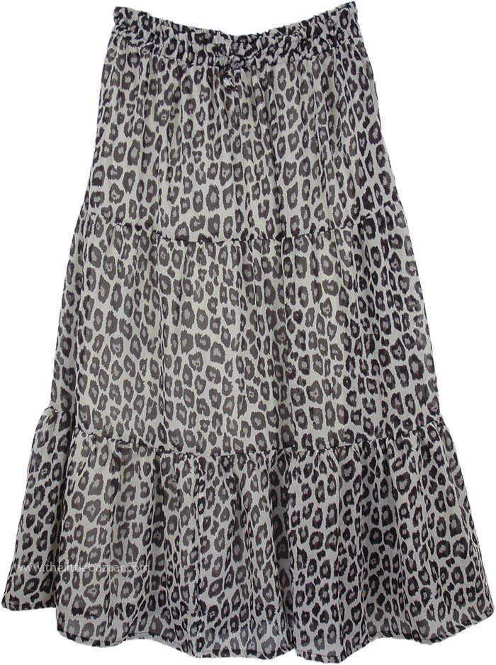 Long and Light Chiffon Skirt, Black White Leopard Print Chiffon Long Skirt