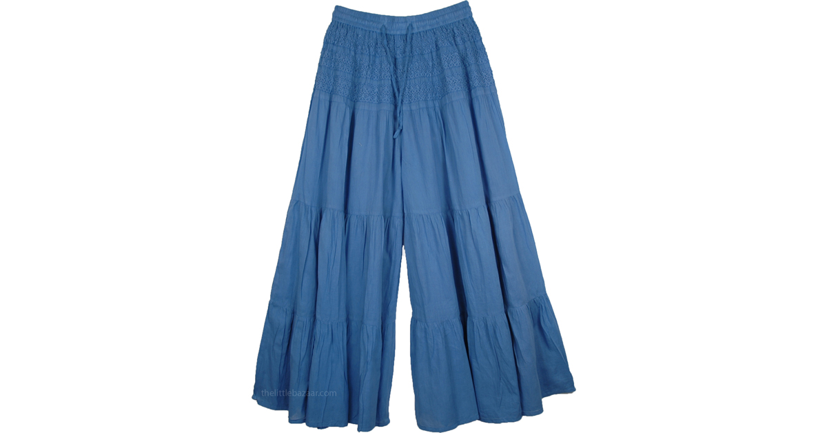 Crochet Yoke Culottes Drawstring Pants | Blue | Split-Skirts-Pants, Riding