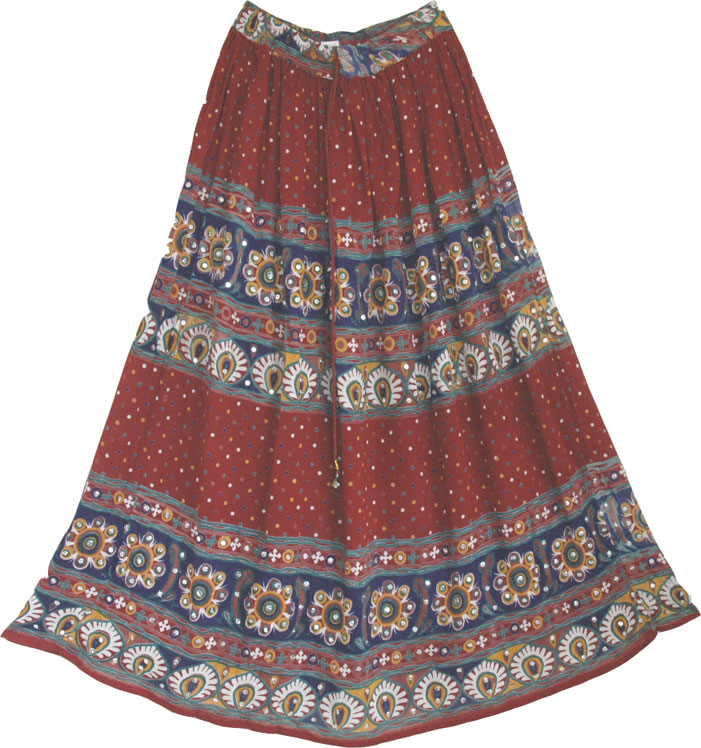 Printed Red Long Skirt with Sequins