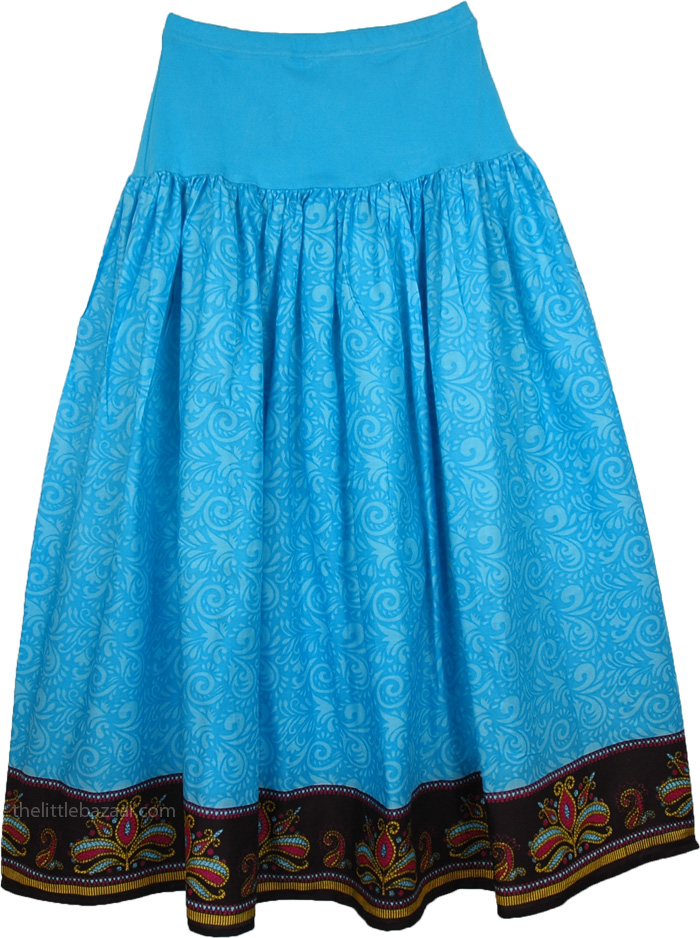 Fountain Blue Spandex Stretch Waist Cotton Summer Skirt Blue Misses