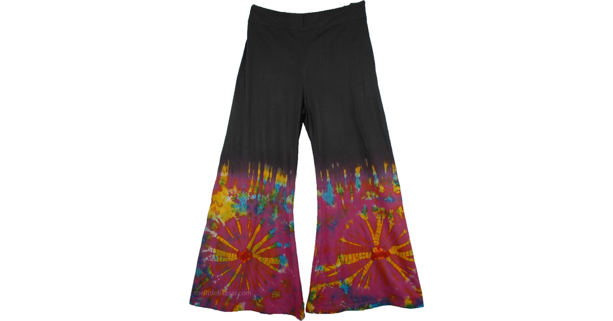 Boho Hippie Tie Dye Wide-Leg Long Gaucho Pant | Black | Tie-Dye, Split ...