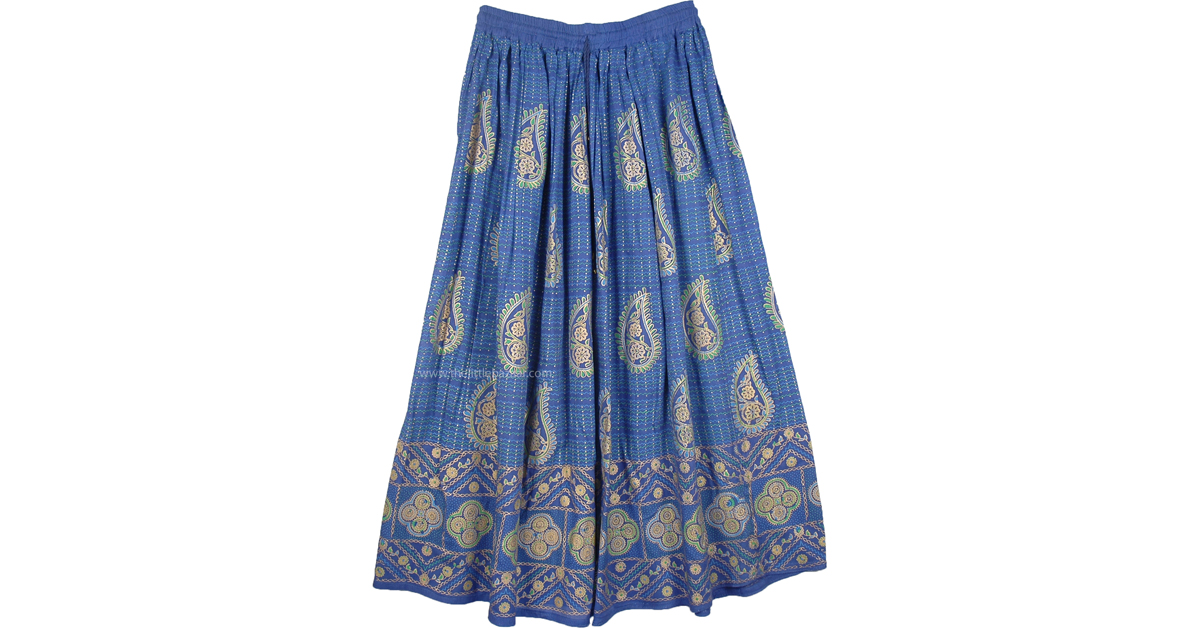 Indigo Gold Paisley Print Rayon Skirt | Blue