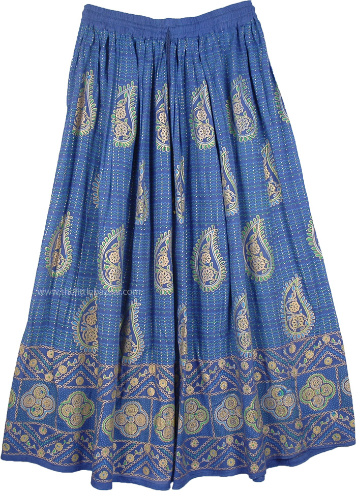 Indigo Gold Paisley Print Rayon Skirt