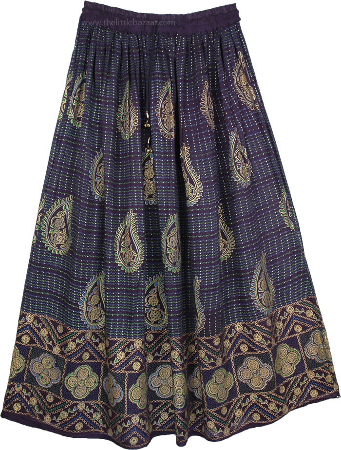 Navy Golden Paisley Print Rayon Skirt