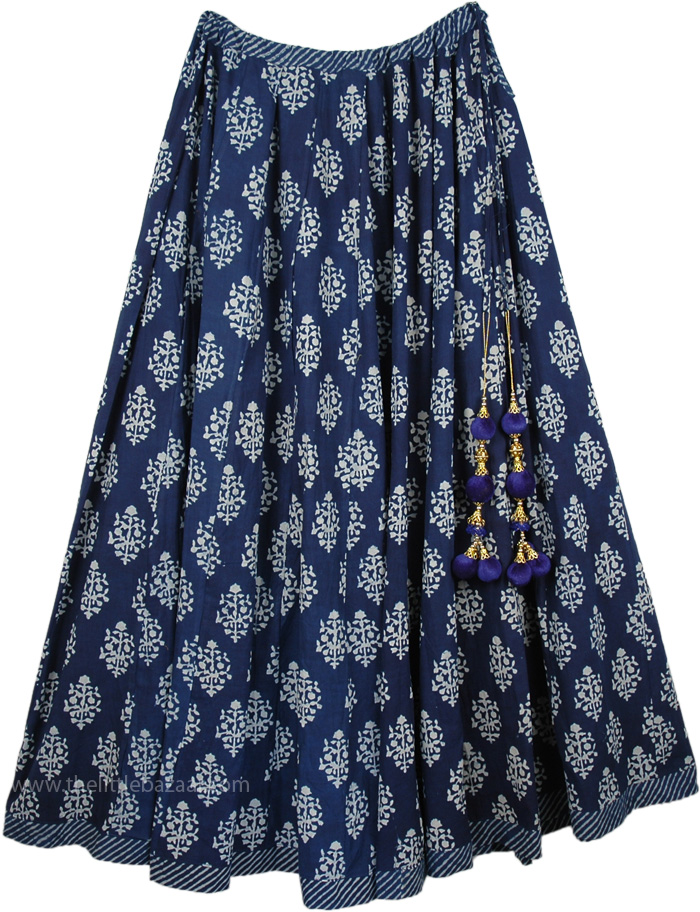 Lehenga Style Summer Skirt with Tassels, Blue Zodiac Full Circle Persian Skirt