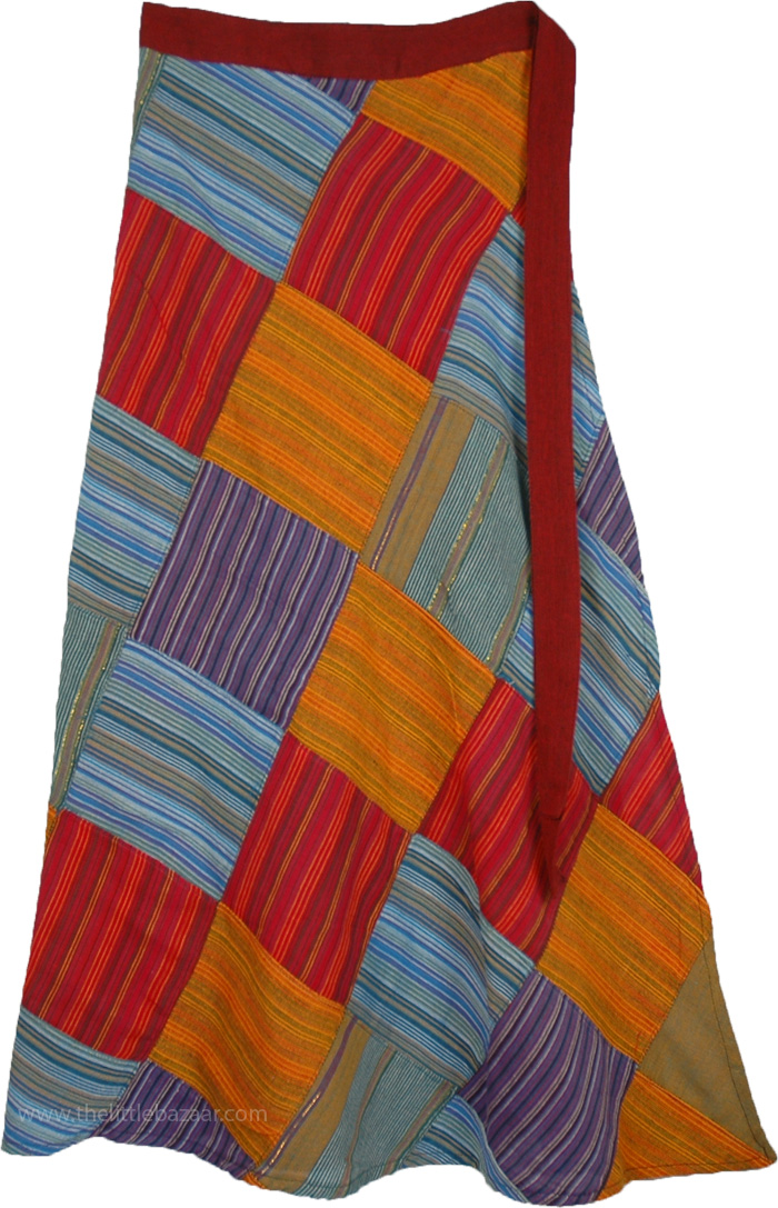 Petite Ankle Length Groovy Colorful Patchwork Wrap Around Skirt in 