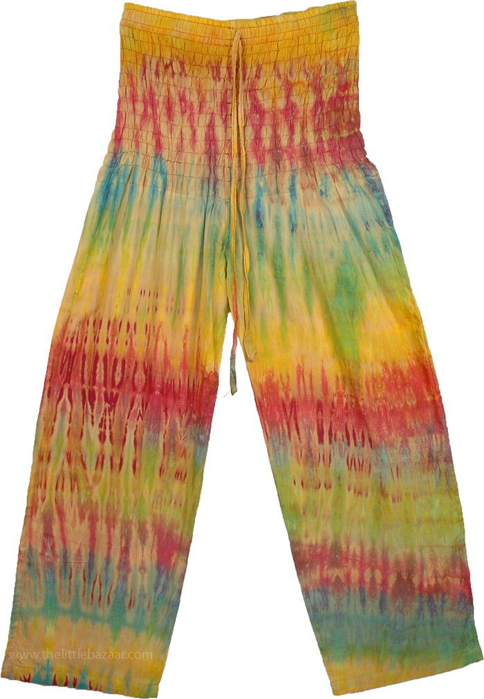 Smocked Waist Tie Dye Summer High Waist Cotton Trouser 