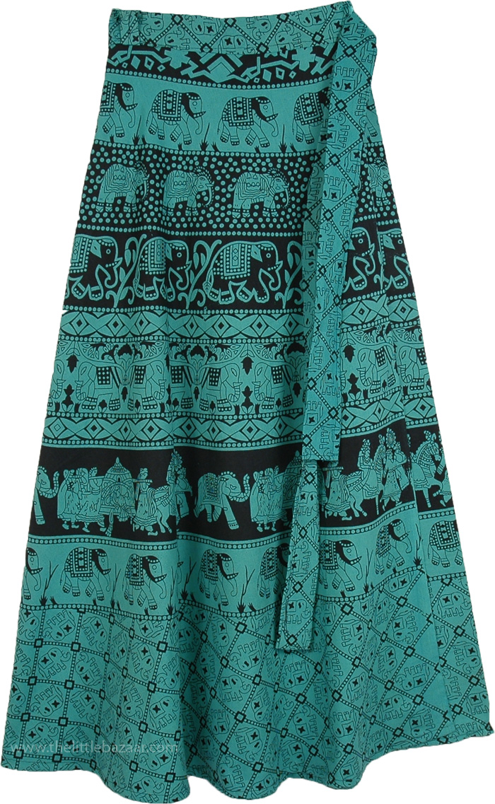 Faded Jade Elephant Parade Wrap Long Cotton Skirt
