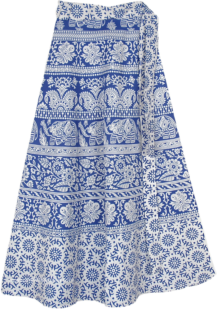 Sapphire Blue Wrap Around Skirt with Elephants and Florals