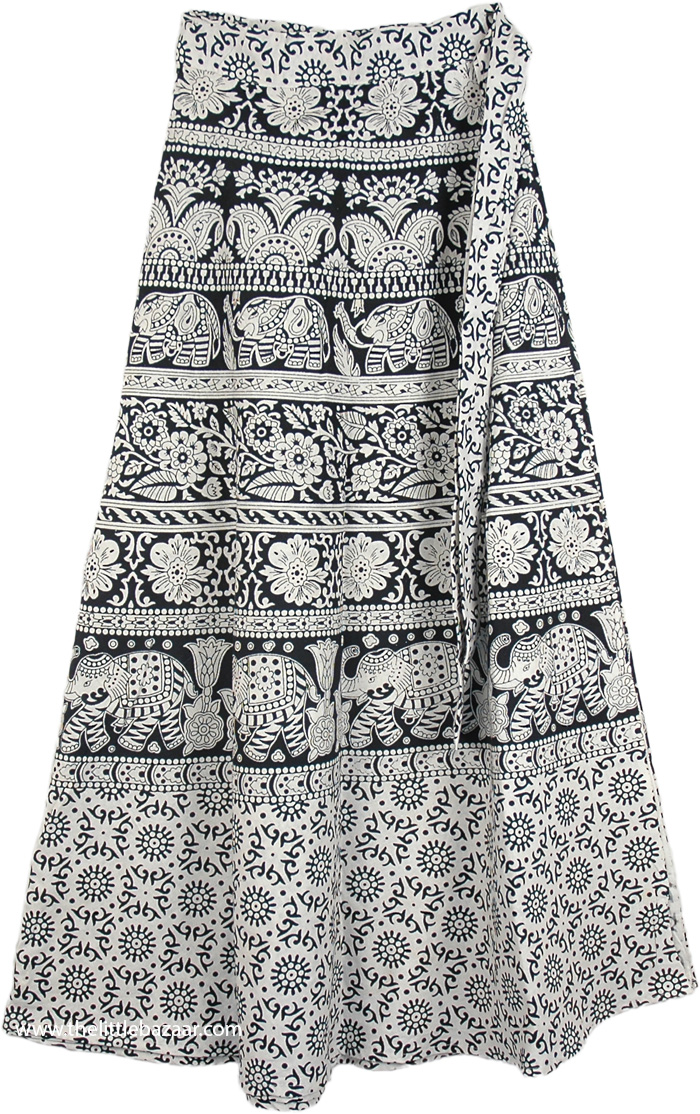 Flowers and Elephants Bohemian Wrap Around Skirt in White | White ...