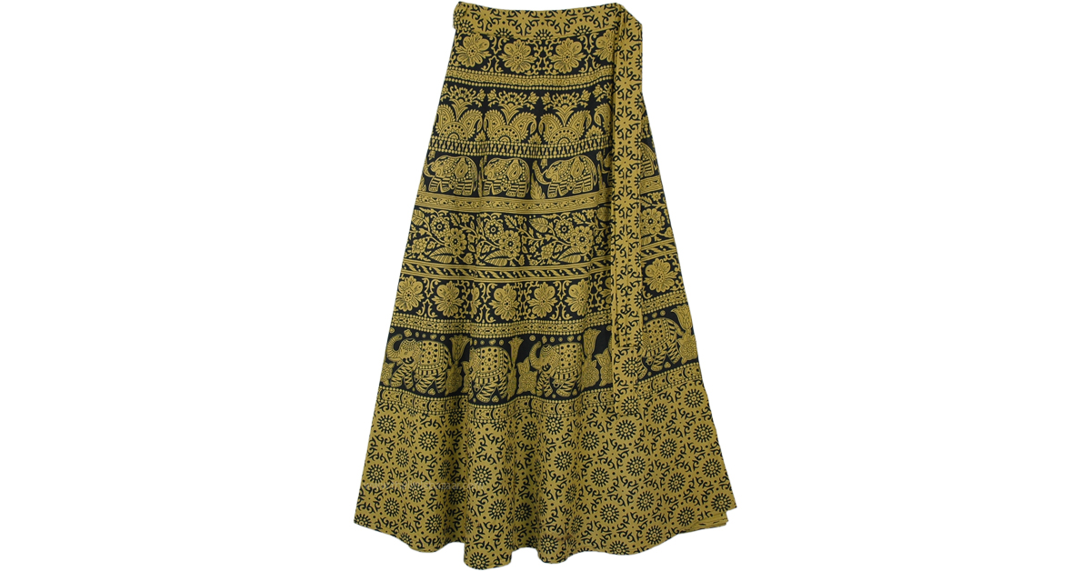 Luxor Gold Wrap Around Skirt with Elephant and Flower Print | Gold ...