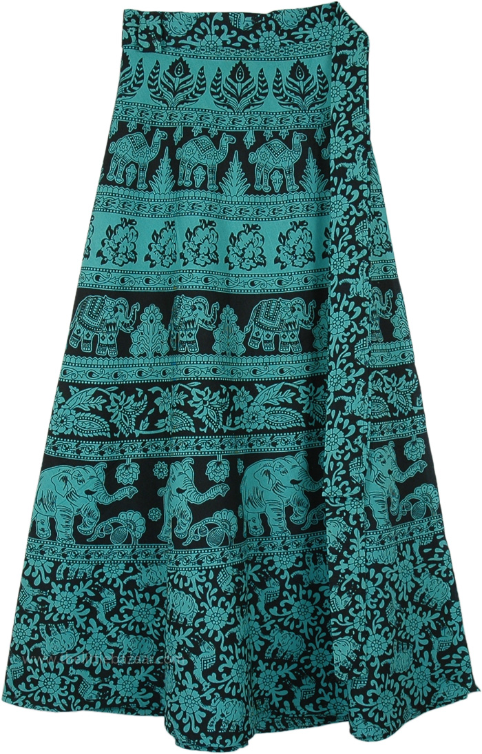 Ethnic Indian Wrapper Long Skirt with Parade of Elephants and Camels, Jade Elephant Wrap Around Skirt with Floral Print