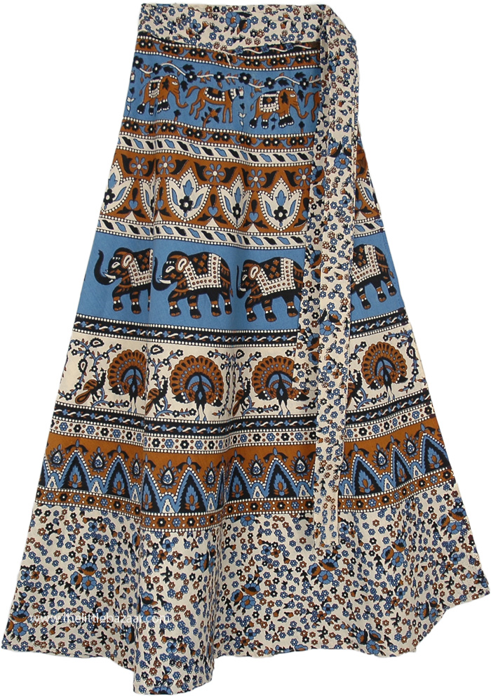 White Ethnic Wrap Skirt with Elephant and Peacock Prints